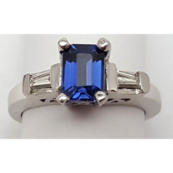Unique 14K Solid White Gold Designer Sapphire & Baguette Diamond Ring - Size 5.5 - Picture 6 of 16